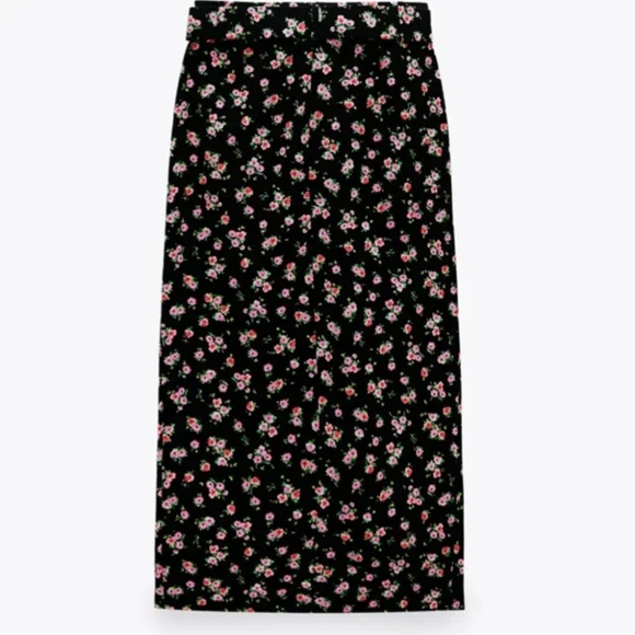 NWT ZARA Black and Pink Floral High Waisted Midi Skirt with Belt - Picture 2 of 7